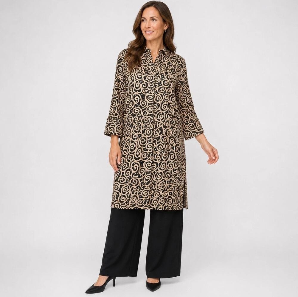 J Peterman 100% Silk Long Tunic Top Womens Size M Geometric Swirl Print Slit